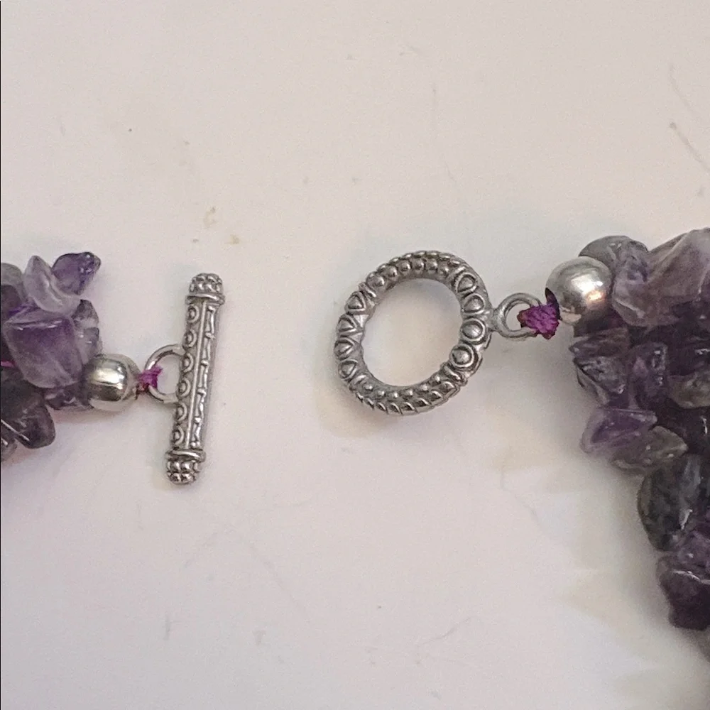 VINTAGE NATURAL PURPLE AMETHYST CLUSTERED CHIPS BIB TOGGLE CLASP 19" NECKLACE - Picture 4 of 9